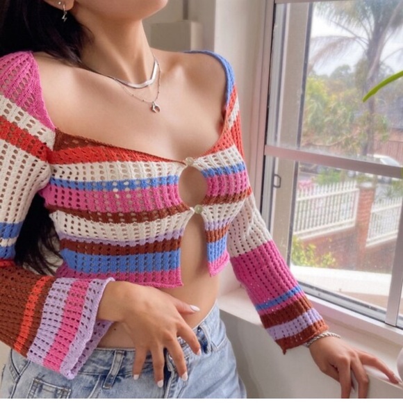 VRG GRL Crochet Crop Open Front Long Sleeve - Picture 1 of 12